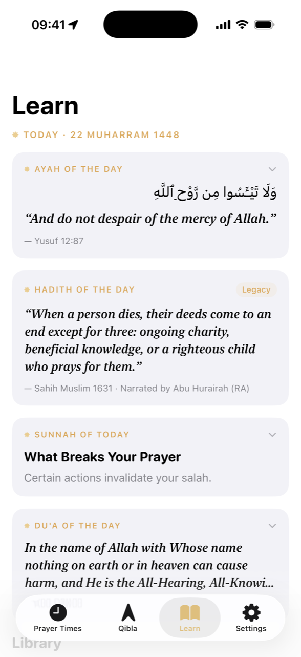 Learn tab: ayah, hadith, sunnah and du'a of the day