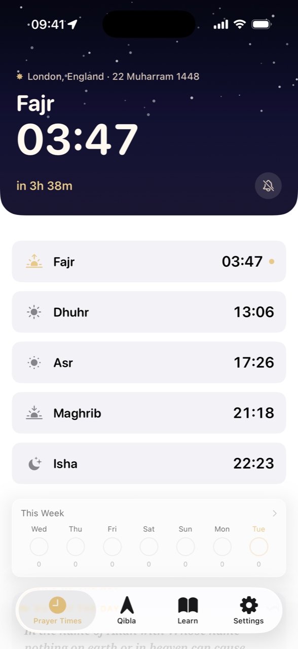 Prayer Times screen showing Fajr at 03:47 in London