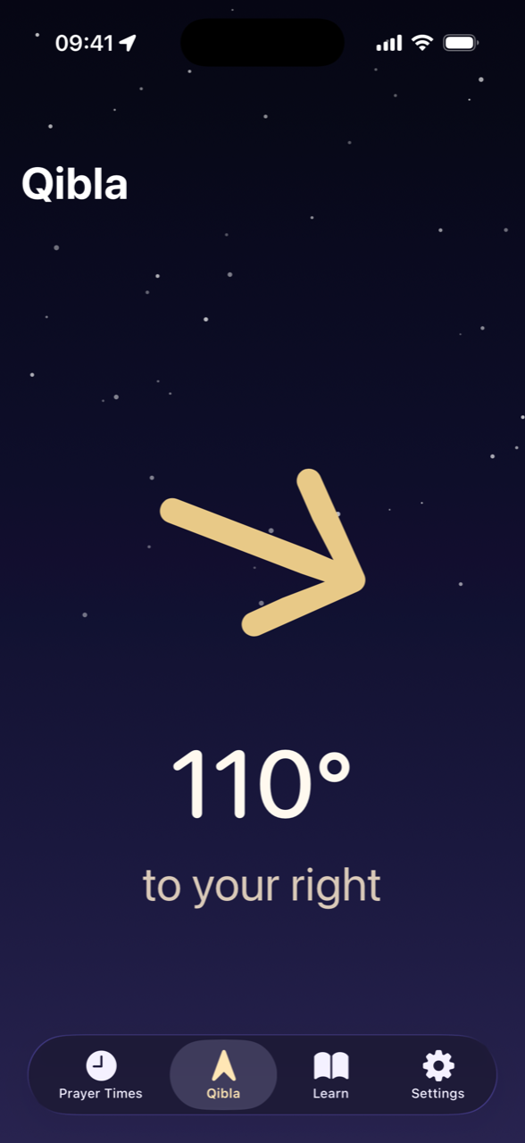 Qibla compass pointing 110 degrees to your right